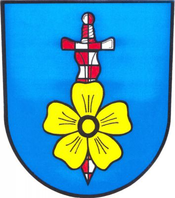 V modrém štítě zlatý květ lnu podložený stříbro-červeně šachovaným plamenným mečem. Znak Moravskoslezský Kočov
