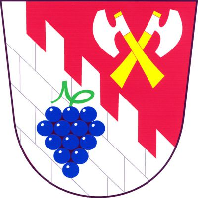 V červeném štítě nad kosmou stříbrnou kvádrovanou hradbou s cimbuřím zkřížené stříbrné válečné sekery se zlatými topůrky, v hradbě modrý vinný hrozen na zeleném stonku. Znak Mouchnice