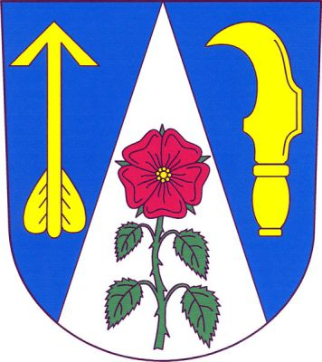 V modrém štítě stříbrný hrot, v něm červená růže na zeleném stonku o čtyřech listech, provázený vpravo vztyčeným šípem a vlevo vinařským nožem, obojí zlaté. Znak Moutnice