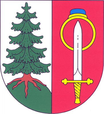 Ve stříbrno-červeně polceném štítě vpravo na zeleném návrší vykořeněný smrk přirozené barvy, vlevo zlatý prsten s modrým kamenem, dole přeložený hrotem vztyčeného stříbrného meče se zlatým jílcem. Znak Mříčná