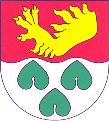 V červeno-stříbrně vlnitě děleném štítě nahoře zlatá ohnutá lví noha, dole tři (2,1) vztyčené zelené leknínové listy. Znak Mšené-lázně