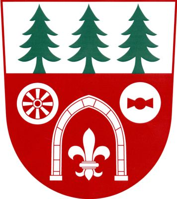 Ve stříbrno - červeně zvýšeně děleném štítě nahoře tři vyrůstající zelené smrky, dole lilie v prázdném kamenném gotickém oblouku, provázeném nahoře vpravo vozovým kolem, vlevo mlýnským kamenem s prázdným otvorem po kypřici, vše stříbrné. Znak Mukařov