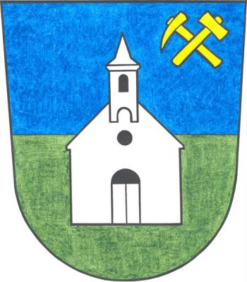 V modro-zeleně děleném štítě čelně postavená stříbrná kaple s dveřmi, černým kruhovým oknem a věžičkou s černým oknem, provázená vlevo nahoře zlatými hornickými kladívky. Znak Mydlovary