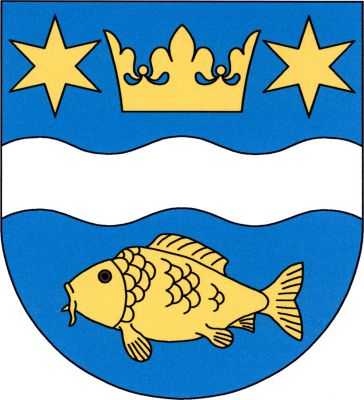 V modrém štítě stříbrné vlnité břevno provázené nahoře korunou mezi dvěma hvězdami, dole kaprem, vše zlaté. Znak Myslív