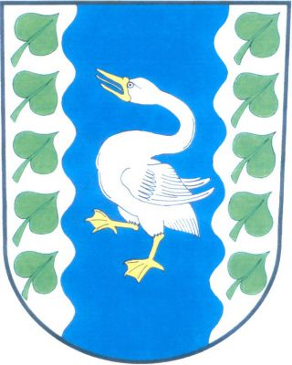 Ve stříbrném štítě široký modrý vlnitý kůl, v něm vykračující stříbrná labuť se zlatou zbrojí. Kůl provázen deseti (5, 5) nad sebou šikmo vztyčenými zelenými lipovými listy. Znak Myštice