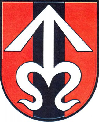 V červeném štítě s černým kůlem stříbrná zavinutá střela. Znak Nahošovice