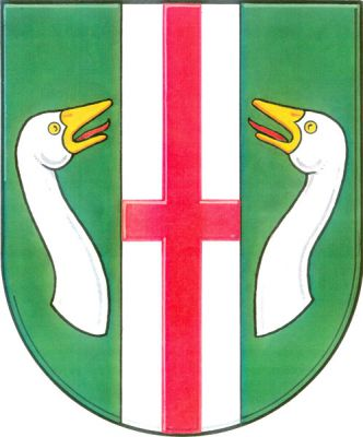 V zeleném štítě stříbrný kůl s červeným heroldským křížem, provázený přivrácenými stříbrnými husími hlavami s krky, se zlatými zobáky a červenými jazyky. Znak Náklo