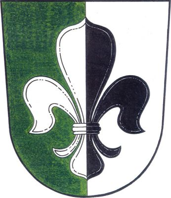 V zeleno-stříbrně polceném štítě stříbrno-černě polcená lilie. Znak Nákří