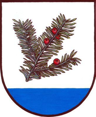 Ve stříbrném štítě nad modrou patou šikmá zelená větévka tisu se čtyřmi červenými plody. Znak Nalžovice