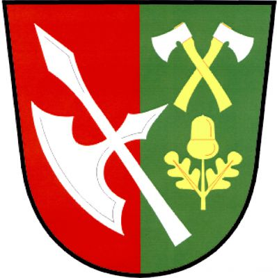 V červeno - zeleně polceném štítě kosmá stříbrná halapartna bez ratiště, vlevo provázená zkříženými stříbrnými sekerami se zlatými topůrky nad zlatým vztyčeným dubovým dvojlistem se žaludem. Znak Návojná