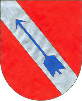 V červeném štítě kosmé stříbrné břevno se vztyčeným modrým šípem. Znak Nebovidy