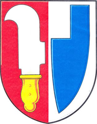 Červeno-stříbrně polcený, vpravo stříbrný vinařský nůž se zlatou rukojetí, vlevo modrá radlice. Znak Nebovidy