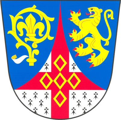 V modrém štítě vydutý hermelínový hrot s červeným heroldským křížem s pěti (1, 3, 1) prázdnými zlatými routami. Vpravo zlatá hlavice berly závitem doleva se stříbrným sudariem se zlatým třepením, vlevo zlatý lev s červenou zbrojí a jazykem. Znak Nebužely