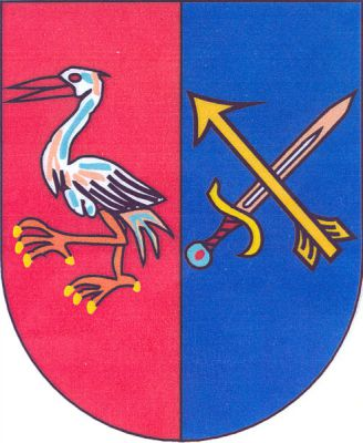 V červeno-modře děleném štítě vpravo vykračující čáp přirozené barvy, vlevo šikmo položený stříbrný meč s červenou rukojetí a zlatou záštitou, kosmo přeložený zlatou střelou. Znak Neděliště