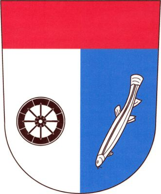Stříbrno-modře polcený štít s červenou hlavou. V pravém poli černé vozové kolo s osmi rameny, vlevo šikmo hlavou dolů stříbrný piskoř. Znak Nedrahovice