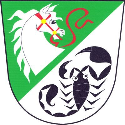 V zeleno-stříbrně šikmo děleném štítě nahoře doleva obrácená stříbrná koňská hlava s červeným, zlatě zdobeným uzděním s otěží, dole černý štír. Znak Nehodiv