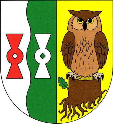 Polcený štít, v pravém stříbrno-zeleně vlnitě polceném poli dvě postavené kypřice, červená a stříbrná, v levém zlatém poli na vykořeněném pařezu, vpravo s jedním dubovým listem, čelně sedící výr, vše přirozené barvy. Znak Němčovice