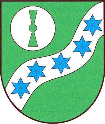 V zeleném štítě šikmé stříbrné vlnité břevno s pěti modrými hvězdami provázené nahoře stříbrným mlýnským kamenem s postavenou prázdnou kypřicí. Znak Nemojany