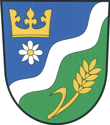 V modro-zeleně šikmým stříbrným vlnitým břevnem děleném štítě nahoře zlatá koruna nad stříbrným osmilistým květem se zlatým středem, dole šikmo položený prohnutý zlatý obilný klas s listem. Znak Nenačovice