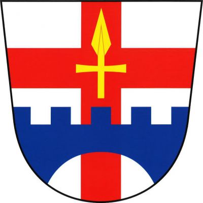 Ve stříbrném štítě červený zvýšený heroldský kříž, ve středu se zlatým křížovým hrotem loveckého oštěpu, dole přeložený modrým mostem s cimbuřím. Znak Nerestce