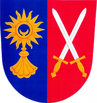 Modro-červeně polcený štít vpravo zlatá plamenná monstrance, vlevo zkřížené stříbrné meče se zlatými rukojeťmi a záštitami. Znak Neubuz