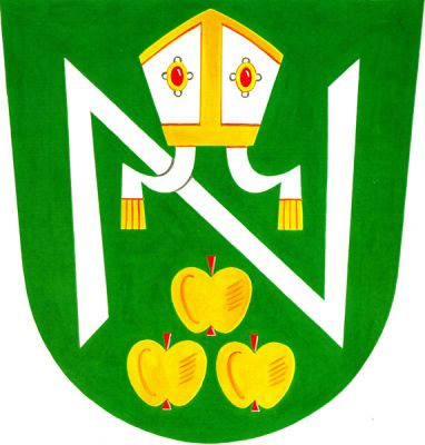 V zeleném štítě stříbrný svěrček provázený nahoře stříbrnou, zlatě zdobenou mitrou a dole třemi (1,2) zlatými jablky. Znak Nevojice