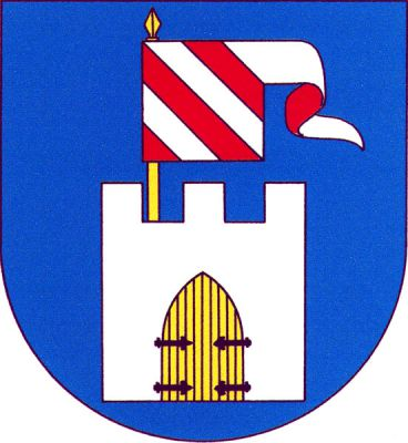 V modrém štítě stříbrná věž s gotickou branou se zlatými zavřenými vraty, zakončená cimbuřím o třech stínkách, z něhož na zlaté žerdi vyniká doleva vlající praporec pětkrát kosmo červeno-stříbrně dělený s ocasem stříbrným, na rubu červeným. Znak Nezabylice