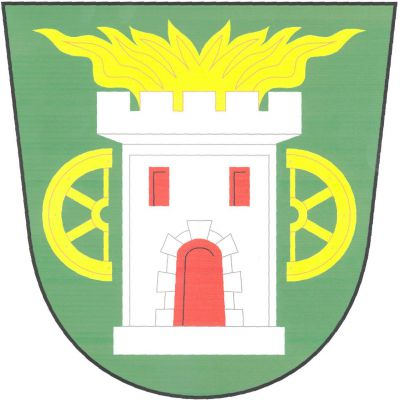 V zeleném štítě stříbrná věž se soklem a zlatě hořícím cimbuřím, s červenou prázdnou bosovanou branou a dvěma červenými okny, po stranách provázaná dvěma přivrácenými zlatými polovinami kol se čtyřmi viditelnými rameny. Znak Nezdřev
