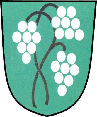 V zeleném štítě dvě propletené černé révové ratolesti se třemi stříbrnými vinnými hrozny. Znak Nikolčice