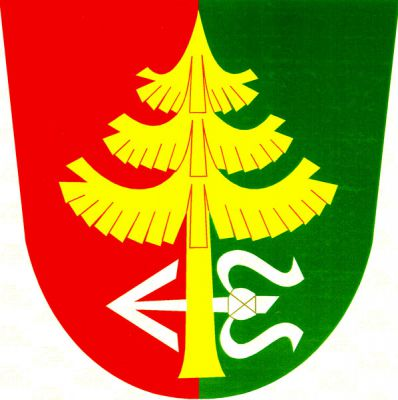 V červeno-zeleně polceném štítě zlatý uťatý jehličnatý strom, s kmenem podloženým položenou stříbrnou zavinutou střelou. Znak Niva