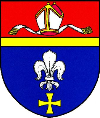V červeno-modře zlatým zúženým břevnem zvýšeně děleném štítě nahoře stříbrná, zlatě zdobená mitra s infulemi, dole stříbrná lilie nad zlatým tlapatým křížkem. Znak Nížkov