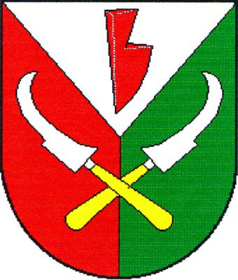 V červeno-zeleně polceném štítě se zkráceným stříbrným klínem s červenou radlicí zkřížené přivrácené stříbrné vinařské nože - kosíře se zlatými rukojeťmi. Znak Nížkovice