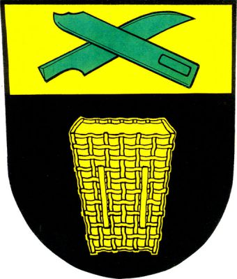 V černém štítě pod zlatou hlavou s křížem přeloženým zeleným krojidlem a limpou zlatá nůše. Znak Nošovice