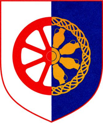 Ve stříbrno-modře polceném štítě doprava vyniká půl červeného železničního kola se čtyřmi rameny a s celým červeno-zlatě polceným nábojem, vlevo půl obruby košíku, uvnitř čtyři vějířovitě položené džbány, vše zlaté. Znak Nová Ves