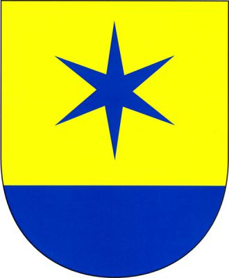 Ve zlatém štítě nad zvýšenou patou hvězda, obojí modré. Znak Nová Ves