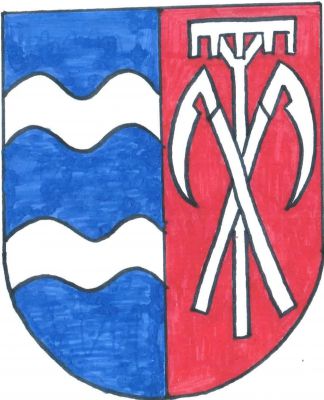 Modro-červeně polcený štít, vpravo dvě stříbrná vlnitá břevna, vlevo dvě zkřížené odvrácené kosy podložené hráběmi, vše stříbrné. Znak Nová Ves