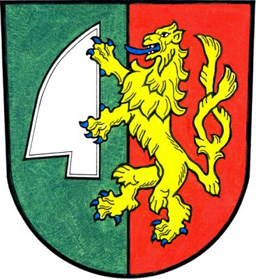 V zeleno-červeně polceném štítě zlatý dvouocasý lev s modrou zbrojí držící vztyčenou stříbrnou radlici. Znak Nové Lublice