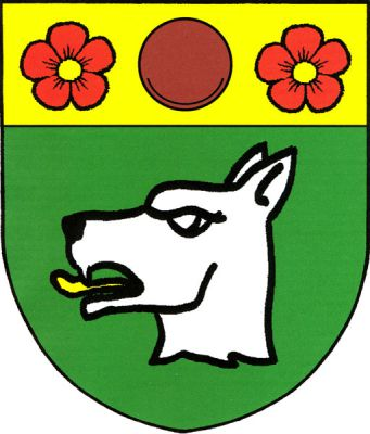 V zeleném štítě pod zlatou hlavou s bochníkem chleba přirozené barvy mezi dvěma červenými květy se zlatými středy stříbrná psí hlava se zlatým jazykem. Znak Nové Sady
