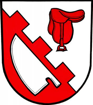 Cimbuřovým řezem kosmo stříbrno-červeně dělený štít. Nahoře sedlo se třmenem, dole kosmo položená radlice opačných barev. Znak Nové Sedlice