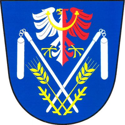 V modrém štítě zkřížené stříbrné cepy. Přes dolní okraje násad křížem přeložené ostrve, z jejichž dolních vnitřních suků vyrůstají dva zkřížené obilné klasy, vše zlaté. Nahoře mezi cepy stříbrno-červeně polcená orlice se zlatou zbrojí a zlatým, jetelovitě zakončeným perizoniem. Znak Nové Syrovice
