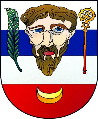 Ve stříbrném štítě s červenou patou modré břevno, přes něj hlava muže přirozené barvy s vousem provázená vpravo vztyčenou zelenou palmovou ratolestí, vlevo zlatou berlou. V patě zlatý stoupající půlměsíc. Znak Novosedlice
