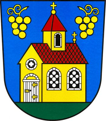 V modrém štítě na zeleném trávníku zlatý kostel s věží uprostřed, červenými střechami a průčelím vpravo. Nahoře provázený dvěma zlatými vinnými hrozny. Znak Novosedly
