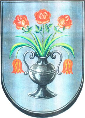 Ve stříbrném štítě černá dvouuchá amfora s třemi přirozenými růžemi a dvěma svěšenými červenými tulipány po stranách, vše se zelenými listy. Znak Nový Hrádek