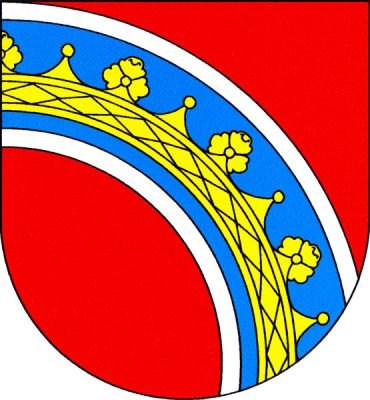 V červeném štítě kosmý stříbrně lemovaný modrý oblouk, v něm rozvinutá zlatá listová koruna. Znak Nový Oldřichov