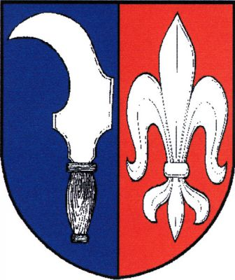 Modro-červeně polcený štít, vpravo vztyčený vinařský nůž (kosíř), vlevo lilie, obojí stříbrné. Znak Nový Šaldorf-Sedlešovice