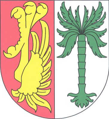V červeno-stříbrně polceném štítě vpravo vztyčený zlatý okřídlený orlí pařát, vlevo zelená vykořeněná palma. Znak Obořiště