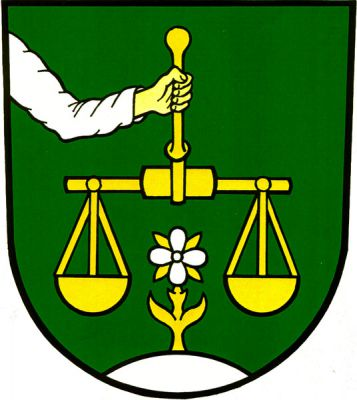 V zeleném štítě zprava vynikající stříbrně oděná levá paže přirozené barvy držící zlaté miskové váhy. Pod nimi ze stříbrného návrší vyrůstající na zlatém stonku stříbrný čtyřlistý květ se zlatými kališními lístky. Znak Oborná