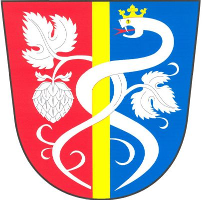 V červeno - modře polceném štítě zlatý zúžený kůl obtočený zprava stříbrným chmelovým stonkem s šišticí a dvěma listy a zleva stříbrným korunovaným hadem s červeným jazykem. Znak Očihov