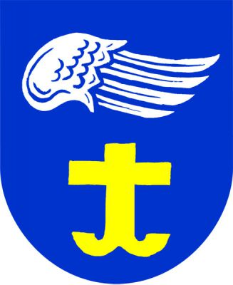 V modrém štítě pod stříbrným křídlem ze zlaté kotvy vyrůstající latinský kříž. Znak Odolena Voda