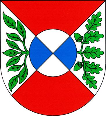 V červeno-stříbrně kosmo čtvrceném štítě stříbrno-modře kosmo čtvrcený kotouč, z něhož do pravého pole vyrůstá zelená větev jasanu o třech výhoncích, každý se třemi listy a do levého pole zelená větev dubu s pěti listy a dvěma žaludy pod nimi. Znak Okrouhlá